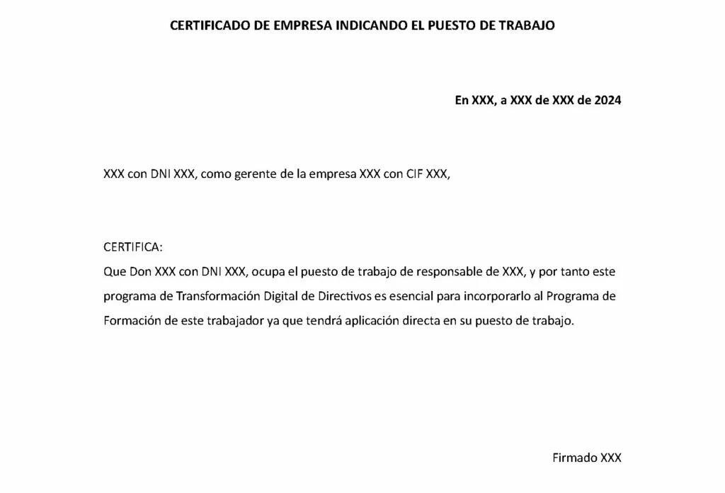Certificado empresa indicando puesto de trabajo