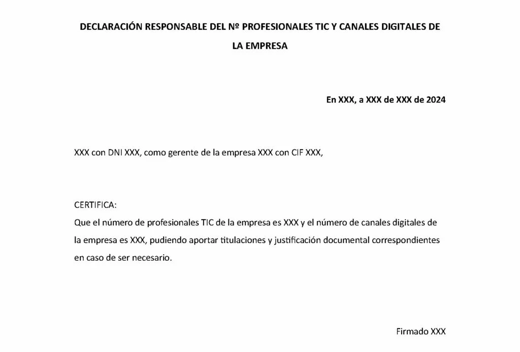Ejemplo de declaración responsable número profesionales TIC